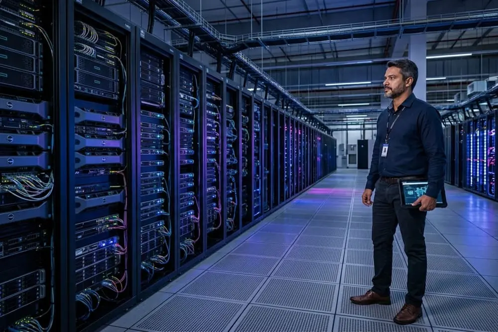Gestor de TI analisa infraestrutura de servidores enterprise em um data center moderno enfrentando escassez de memória RAM.